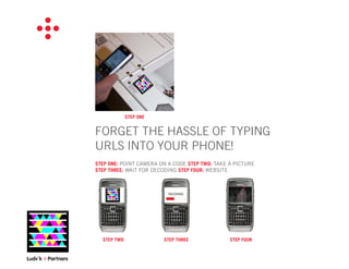 STEP ONE


FORGET THE HASSLE OF TYPING
URLS INTO YOUR PHONE!
STEP ONE: POINT CAMERA ON A CODE STEP TWO: TAKE A PICTURE
STEP THREE: WAIT FOR DECODING STEP FOUR: WEBSITE




  STEP TWO              STEP THREE              STEP FOUR
 