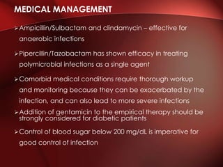 Ampicillin/Sulbactam and clindamycin – effective for
anaerobic infections
Pipercillin/Tazobactam has shown efficacy in treating
polymicrobial infections as a single agent
Comorbid medical conditions require thorough workup
and monitoring because they can be exacerbated by the
infection, and can also lead to more severe infections
Addition of gentamicin to the empirical therapy should be
strongly considered for diabetic patients
Control of blood sugar below 200 mg/dL is imperative for
good control of infection
MEDICAL MANAGEMENT
 