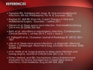  Topazian RG, Goldberg MH, Hupp JR. Oral and Maxillofacial
Infections. 4th ed. Philadelphia, Pa: W. B. Saunders; 2002.
 Bagheri SC, Bell RB, Khan HA. Current Therapy in Oral and
Maxillofacial Surgery - Saunders; 1 edition;2011
 Osborn et al. Deep space neck infection. Oral Maxillofacial Surg
Clin N Am 20 (2008) 353–365
 Bahl, et al.: Microflora in odontogenic infections. Contemporary
Clinical Dentistry | Jul-Sep 2014 | Vol 5 | Issue 3
 S. Pallagatti et al. / European Journal of Radiology 81 (2012) 1821–
1827
 Jain et al. Deep-neck space infections – a diagnostic dilemma!
Indian J. Otolaryngol. Head Neck Surg. (October–December 2008)
60:349–352
 M.M. Wolfe et al. Surgical airway in deep neck infections and
ludwig angina. Journal of Critical Care (2011) 26, 11–14
 Potter, Herford, and Ellis. Tracheotomy Versus Endotracheal
Intubation for Airway Management in Deep Neck Space
Infections.J Oral Maxillofac Surg 60:349-354, 2002
REFERENCES
 