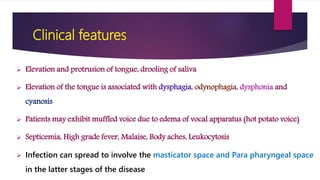 Clinical features
 Elevation and protrusion of tongue, drooling of saliva
 Elevation of the tongue is associated with dysphagia, odynophagia, dysphonia and
cyanosis
 Patients may exhibit muffled voice due to edema of vocal apparatus (hot potato voice)
 Septicemia, High grade fever, Malaise, Body aches, Leukocytosis
 Infection can spread to involve the masticator space and Para pharyngeal space
in the latter stages of the disease
 