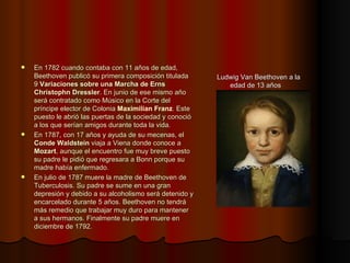 En 1782 cuando contaba con 11 años de edad, Beethoven publicó su primera composición titulada  9  Variaciones sobre una Marcha de Erns Christophn Dressler . En junio de ese mismo año será contratado como Músico en la Corte del príncipe elector de Colonia  Maximilian Franz . Este puesto le abrió las puertas de la sociedad y conoció a los que serían amigos durante toda la vida. En 1787, con 17 años y ayuda de su mecenas, el  Conde Waldstein  viaja a Viena donde conoce a  Mozart , aunque el encuentro fue muy breve puesto su padre le pidió que regresara a Bonn porque su madre había enfermado. En julio de 1787 muere la madre de Beethoven de Tuberculosis. Su padre se sume en una gran depresión y debido a su alcoholismo será detenido y encarcelado durante 5 años. Beethoven no tendrá más remedio que trabajar muy duro para mantener a sus hermanos. Finalmente su padre muere en diciembre de 1792. Ludwig Van Beethoven a la edad de 13 años 