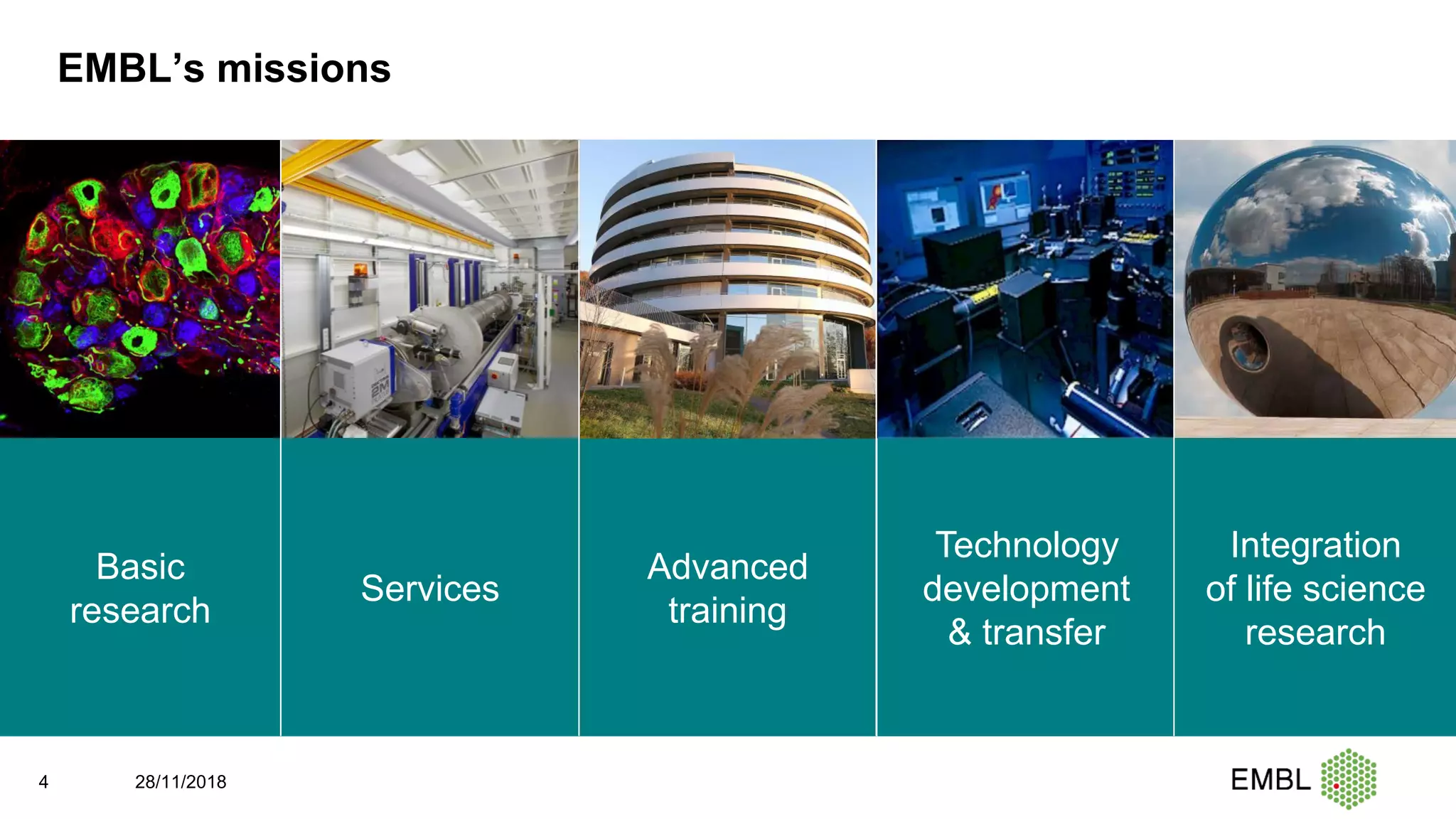 Advanced
training
EMBL’s missions
4 28/11/2018
Basic
research
Services
Technology
development
& transfer
Integration
of life science
research
 