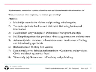 ”Hyvän asiatekstin suunnitteluun käytetään paljon aikaa, mutta sen kirjoittamiseen käytetään minimaalinen tila”


”Use maximum amount of time for planning and minimum space for writing”

Prosessi
1)    Ideointi ja suunnittelu > Ideas and planning, mindmapping
2)    Taustoitus ja tiedonhankinta eri lähteistä > Gathering backround
      information
3)    Näkökulman ja tyylin rajaus > Definition of viewpoint and style
4)    Sisällön pääargumenttien pohdinta > Basic argumentation and structure
5)    Asiantuntijoiden etsiminen ja haastatteleminen tarvittaessa > Finding
      and interviewing specialists
6)    Raakakirjoitus > Writing first version
7)    Kommenttikierros, faktojen tarkistaminen > Comments and revisions:
      Check and check again your facts!
8)    Viimeistely ja julkaiseminen > Finishing and publishing



                                                     MAKE -hanke/Kirjoittamisen ABC/ Heli Kaarniemi      18.12.2012   12
 