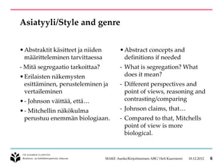 Asiatyyli/Style and genre


• Abstraktit käsitteet ja niiden           • Abstract concepts and
  määritteleminen tarvittaessa               definitions if needed
- Mitä segregaatio tarkoittaa?             - What is segregation? What
• Erilaisten näkemysten                      does it mean?
  esittäminen, perusteleminen ja           - Different perspectives and
  vertaileminen                              point of views, reasoning and
• - Johnson väittää, että…                   contrasting/comparing
• - Mitchellin näkökulma                   - Johnson claims, that…
  perustuu enemmän biologiaan.             - Compared to that, Mitchells
                                             point of view is more
                                             biological.


                                   MAKE -hanke/Kirjoittamisen ABC/ Heli Kaarniemi   18.12.2012   6
 