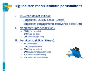 I. Alustakohtaiset mittarit:
– PageRank, Quality Score (Google)
– EdgeRank (engagement), Relevance Score (FB)
II. Verkkosivu (ennen klikkiä):
– CPM (cost per mille)
– CPC (cost per click)
– CTR (click-through rate)
III. Verkkosivu (klikin jälkeen):
– BR (bounce rate)
– CVR (conversion rate)
– CPA (cost per action)
– CAC (customer acquisition cost)
– ROI (return on investment)
– CLV (customer lifetime value)
Digitaalisen markkinoinnin perusmittarit
31
 