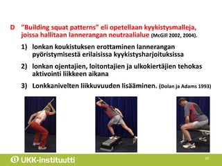 D ”Building squat patterns” eli opetellaan kyykistysmalleja,
joissa hallitaan lannerangan neutraalialue (McGill 2002, 2004...
