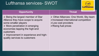Lufthansa services- SWOT
Opportunity Threat
 Being the largest member of Star
Alliance they have scope to acquire
some smaller players
 More penetration in emerging
economies tapping the high-end
customers
 Improvement in experience and high-
quality services to customers
 Other Alliances: One World, Sky team
Increased international competition
Low cost providers
Rising fuel prices
 