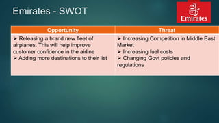 Emirates - SWOT
Opportunity Threat
 Releasing a brand new fleet of
airplanes. This will help improve
customer confidence in the airline
 Adding more destinations to their list
 Increasing Competition in Middle East
Market
 Increasing fuel costs
 Changing Govt policies and
regulations
 
