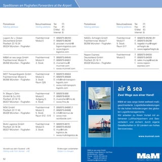 Speditionen am Flughafen/Forwarders at the Airport




Postadresse                   Besuchsadresse     Tel.       (T)
Mailing address               Visiting address   Fax        (F)
                                                 E-Mail     (E)
                                                 Internet   (I)

DAMCO APM                     Frachtterminal     T: 089/975-94831
Global Logistics Germany      Modul H            F: 089/975-94836
GmbH                          3. Stock           E: gerdamairmuc@
Frachtterminal, Modul H       Raum 327–331          damco.com
85356 München - Flughafen                        I: www.damco.com

Detzer                        Spediteurs-        T:   089/975-94880
Aircargo Service GmbH         gebäude            F:   089/975-94886
Postfach 24 12 26             Modul Q            E:   muc@detzer.com
85334 München - Flughafen                        I:   www.detzer.com

DHL                           Frachtterminal     T:   089/975-94000
Global Forwarding GmbH        Modul F            F:   089/975-94006
Frachtterminal, Modul F       4. Stock           E:   info.de@dhl.com
85356 München - Flughafen                        I:   www.dhl.com

Eger Trans GbR                Frachtterminal     T:   089/975-96150
Postfach 23 17 22             Modul G            F:   089/975-96156
85326 München - Flughafen     3. Stock           E:   dispo@eger-trans.de
                              Raum 312–318       I:   www.eger-trans.de

EMO Trans GmbH                Frachtterminal     T:   089/975-94600
Internationale Luft-  See-   Modul G            F:   089/975-94606
frachtspedition                                  E:   muc@emo.de
Frachtterminal, Modul G                          I:   www.emo.de
85356 München - Flughafen

ENG freight logistics GmbH    Frachtterminal     T:   089/975-96130
Frachtterminal, Modul H       Modul H            T:   089/975-96131
85356 München - Flughafen     5. Stock           F:   089/975-96132
                              Raum 522           E:   muc@iqs-cargo.de
                                                 I:   www.iqs-cargo.de

F.R.E.I.T.A.N GmbH            Frachtterminal     T: 089/975-94490
Postfach 23 17 52             Modul D            F: 089/975-94496
85326 München - Flughafen     3. Stock           E: freitan@
                              Raum 318–324          freitan-muc.de
                                                 I: www.freitan-muc.de




46
 