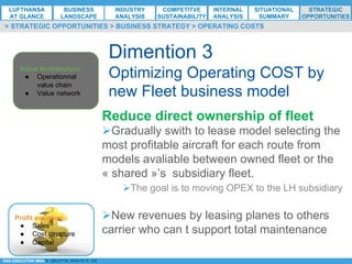 *ESG EXECUTIVE MBA B. NELZY M. NDIAYE N. SIE
Dimention 3
Optimizing Operating COST by
new Fleet business model
Reduce direct ownership of fleet
Ø Gradually swith to lease model selecting the
most profitable aircraft for each route from
models avaliable between owned fleet or the
« shared »’s subsidiary fleet.
Ø The goal is to moving OPEX to the LH subsidiary
Ø New revenues by leasing planes to others
carrier who can t support total maintenance
Value Architecture
●  Operationnal
value chain
●  Value network
Profit equation
●  Sales
●  Cost structure
●  Capital
> STRATEGIC OPPORTUNITIES > BUSINESS STRATEGY > OPERATING COSTS
LUFTHANSA
AT GLANCE
BUSINESS
LANDSCAPE
INDUSTRY
ANALYSIS
COMPETITVE
SUSTAINABILITY
SITUATIONAL
SUMMARY
STRATEGIC
OPPORTUNITIES
INTERNAL
ANALYSIS
 
