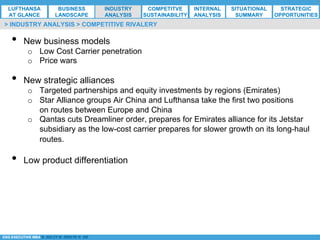 *ESG EXECUTIVE MBA B. NELZY M. NDIAYE N. SIE
•  New business models
o  Low Cost Carrier penetration
o  Price wars
•  New strategic alliances
o  Targeted partnerships and equity investments by regions (Emirates)
o  Star Alliance groups Air China and Lufthansa take the first two positions
on routes between Europe and China
o  Qantas cuts Dreamliner order, prepares for Emirates alliance for its Jetstar
subsidiary as the low-cost carrier prepares for slower growth on its long-haul
routes.
•  Low product differentiation
> INDUSTRY ANALYSIS > COMPETITIVE RIVALERY
LUFTHANSA
AT GLANCE
BUSINESS
LANDSCAPE
INDUSTRY
ANALYSIS
COMPETITVE
SUSTAINABILITY
SITUATIONAL
SUMMARY
STRATEGIC
OPPORTUNITIES
INTERNAL
ANALYSIS
 