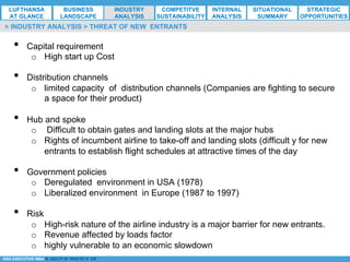 *ESG EXECUTIVE MBA B. NELZY M. NDIAYE N. SIE
> INDUSTRY ANALYSIS > THREAT OF NEW ENTRANTS
•  Capital requirement
o  High start up Cost
•  Distribution channels
o  limited capacity of distribution channels (Companies are fighting to secure
a space for their product)
•  Hub and spoke
o  Difficult to obtain gates and landing slots at the major hubs
o  Rights of incumbent airline to take-off and landing slots (difficult y for new
entrants to establish flight schedules at attractive times of the day
•  Government policies
o  Deregulated environment in USA (1978)
o  Liberalized environment in Europe (1987 to 1997)
•  Risk
o  High-risk nature of the airline industry is a major barrier for new entrants.
o  Revenue affected by loads factor
o  highly vulnerable to an economic slowdown
LUFTHANSA
AT GLANCE
BUSINESS
LANDSCAPE
INDUSTRY
ANALYSIS
COMPETITVE
SUSTAINABILITY
SITUATIONAL
SUMMARY
STRATEGIC
OPPORTUNITIES
INTERNAL
ANALYSIS
 