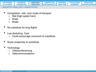 *ESG EXECUTIVE MBA B. NELZY M. NDIAYE N. SIE
> INDUSTRY ANALYSIS > SUBSTITUTES
•  Competition with over mode of transport
o  Rail (high speed train)
o  Road
o  Boats
•  No substitute for long flights
•  Low Switching Cost
o  Could encourage consumer to substitute
•  Buyer propensity to substitute
•  Technology
o  Videoconferencing
o  Telecommunications
LUFTHANSA
AT GLANCE
BUSINESS
LANDSCAPE
INDUSTRY
ANALYSIS
COMPETITVE
SUSTAINABILITY
SITUATIONAL
SUMMARY
STRATEGIC
OPPORTUNITIES
INTERNAL
ANALYSIS
 