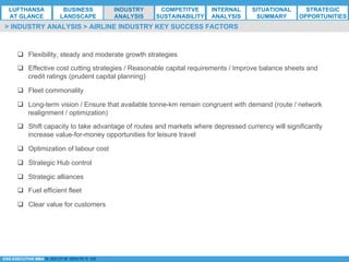 *ESG EXECUTIVE MBA B. NELZY M. NDIAYE N. SIE
q  Flexibility, steady and moderate growth strategies
q  Effective cost cutting strategies / Reasonable capital requirements / Improve balance sheets and
credit ratings (prudent capital planning)
q  Fleet commonality
q  Long-term vision / Ensure that available tonne-km remain congruent with demand (route / network
realignment / optimization)
q  Shift capacity to take advantage of routes and markets where depressed currency will significantly
increase value-for-money opportunities for leisure travel
q  Optimization of labour cost
q  Strategic Hub control
q  Strategic alliances
q  Fuel efficient fleet
q  Clear value for customers
> INDUSTRY ANALYSIS > AIRLINE INDUSTRY KEY SUCCESS FACTORS
LUFTHANSA
AT GLANCE
BUSINESS
LANDSCAPE
INDUSTRY
ANALYSIS
COMPETITVE
SUSTAINABILITY
SITUATIONAL
SUMMARY
STRATEGIC
OPPORTUNITIES
INTERNAL
ANALYSIS
 