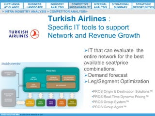 *ESG EXECUTIVE MBA B. NELZY M. NDIAYE N. SIE
Turkish Airlines :
Specific IT tools to support
Network and Revenue Growth
Ø IT that can evaluate the
entire network for the best
available seat/price
combinations.
Ø Demand forecast
Ø Leg/Segment Optimization
• PROS Origin & Destination Solutions™
• PROS Real-Time Dynamic Pricing™
• PROS Group System™
• PROS Group Agent™
> INTRA INDUSTRY ANALYSIS > COMPETITOR ANALYSIS>
LUFTHANSA
AT GLANCE
BUSINESS
LANDSCAPE
INDUSTRY
ANALYSIS
COMPETITVE
SUSTAINABILITY
SITUATIONAL
SUMMARY
STRATEGIC
OPPORTUNITIES
INTERNAL
ANALYSIS
 