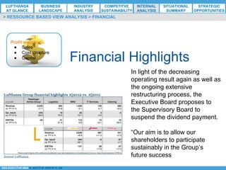 *ESG EXECUTIVE MBA B. NELZY M. NDIAYE N. SIE
Financial Highlights
> RESSOURCE BASED VIEW ANALYSIS > FINANCIAL
In light of the decreasing
operating result again as well as
the ongoing extensive
restructuring process, the
Executive Board proposes to
the Supervisory Board to
suspend the dividend payment.
“Our aim is to allow our
shareholders to participate
sustainably in the Group’s
future success
Profit equation
●  Sales
●  Cost structure
●  Capital
LUFTHANSA
AT GLANCE
BUSINESS
LANDSCAPE
INDUSTRY
ANALYSIS
COMPETITVE
SUSTAINABILITY
SITUATIONAL
SUMMARY
STRATEGIC
OPPORTUNITIES
INTERNAL
ANALYSIS
 