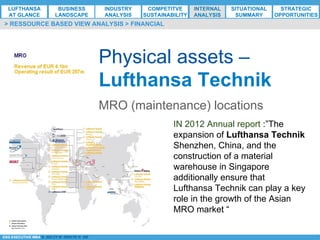 *ESG EXECUTIVE MBA B. NELZY M. NDIAYE N. SIE
Physical assets –
Lufthansa Technik
> RESSOURCE BASED VIEW ANALYSIS > FINANCIAL
IN 2012 Annual report :”The
expansion of Lufthansa Technik
Shenzhen, China, and the
construction of a material
warehouse in Singapore
additionally ensure that
Lufthansa Technik can play a key
role in the growth of the Asian
MRO market “
MRO (maintenance) locations
LUFTHANSA
AT GLANCE
BUSINESS
LANDSCAPE
INDUSTRY
ANALYSIS
COMPETITVE
SUSTAINABILITY
SITUATIONAL
SUMMARY
STRATEGIC
OPPORTUNITIES
INTERNAL
ANALYSIS
 