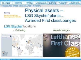 *ESG EXECUTIVE MBA B. NELZY M. NDIAYE N. SIE
Physical assets –
LSG Skychef plants…
Awarded First classLounges
> RESSOURCE BASED VIEW ANALYSIS > PHYSICAL
LSG Skychef locations
•  Cathering Airports lounges
LUFTHANSA
AT GLANCE
BUSINESS
LANDSCAPE
INDUSTRY
ANALYSIS
COMPETITVE
SUSTAINABILITY
SITUATIONAL
SUMMARY
STRATEGIC
OPPORTUNITIES
INTERNAL
ANALYSIS
 