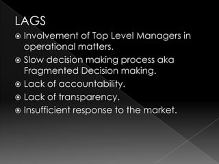 LAGS
 Involvement of Top Level Managers in
  operational matters.
 Slow decision making process aka
  Fragmented Decision making.
 Lack of accountability.
 Lack of transparency.
 Insufficient response to the market.
 