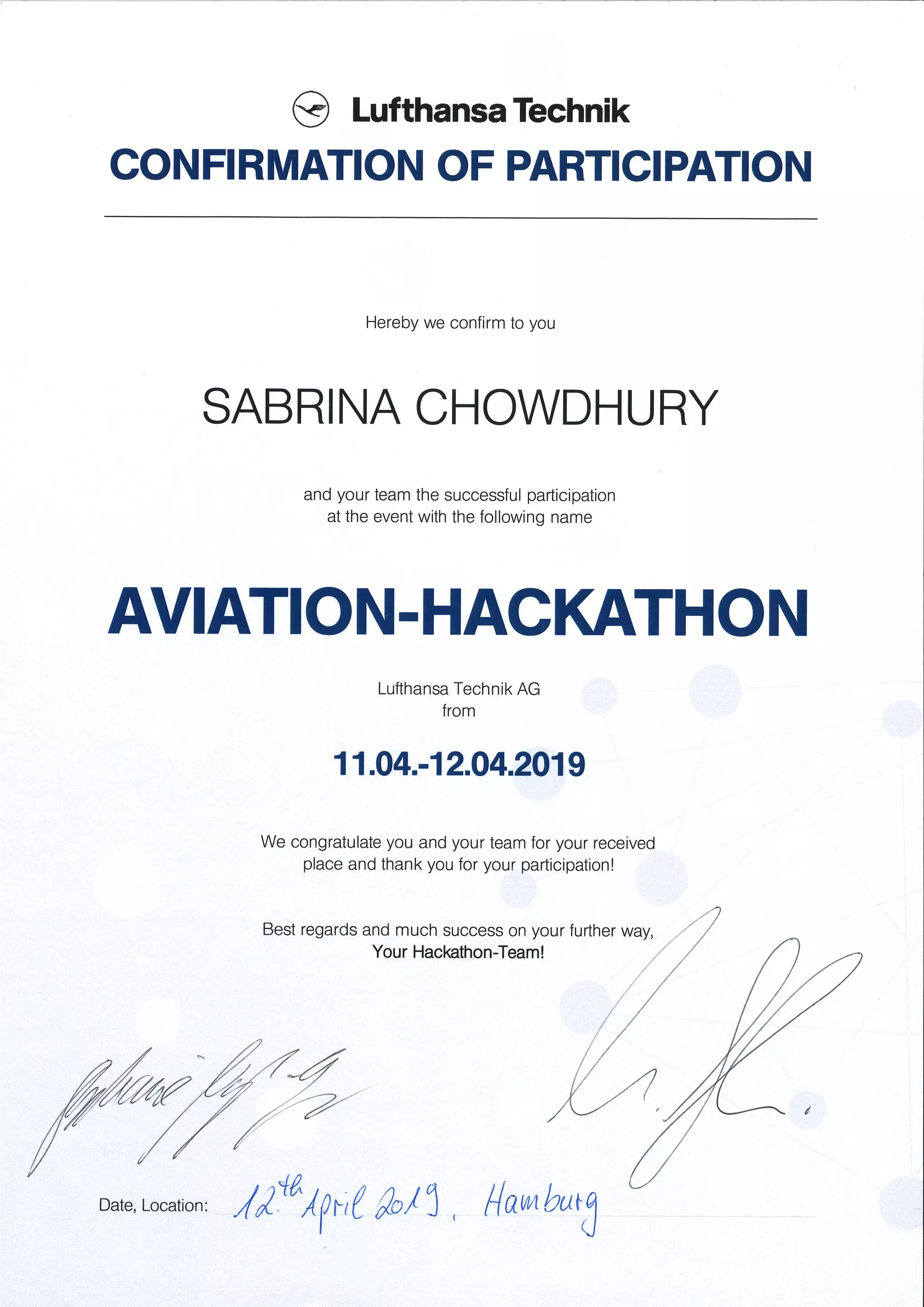 Confirmation of Participation-Aviation-Hackathon-Lufthansa Technik | PDF