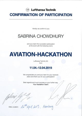 Confirmation of Participation-Aviation-Hackathon-Lufthansa Technik