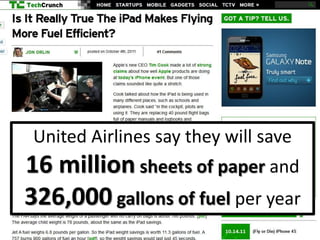 United Airlines say they will save
16 million sheets of paper and
326,000 gallons of fuel per year
 