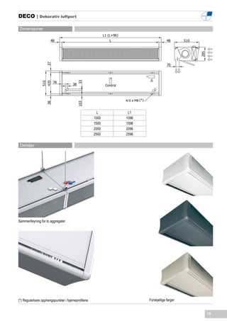 DECO | Dekorativ luftport

Dimensjoner




                                                           4/


                                                      L     L1
                                                    1000   1096
                                                    1500   1596
                                                    2000   2096
                                                    2500   2596

 Detaljer




Sammenføyning for to aggregater




(*) Regulerbare opphengspunkter i hjørneprofilene                 Forskjellige farger


                                                                                        19
 