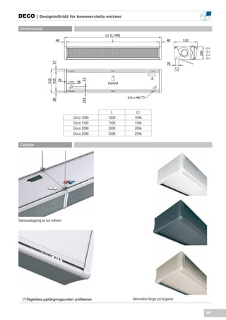 DECO | Designluftridå för kommersiella entrèer

Dimensioner




                                                             4/



                                                        L           L1
                                      Deco 1000       1000         1096
                                      Deco 1500       1500         1596
                                      Deco 2000       2000         2096
                                      Deco 2500       2500         2596

 Detaljer




Sammanfogning av två enheter




  (*) Reglerbara upphängningspunkter i profilskenan               Alternativa färger på begäran


                                                                                                  19
 