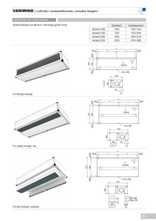 VARIWIND | Luftridå i modulutförande, variabla längder

 Utförande och dimensioner
VariWind luftridåer kan tillverkas i valfri längd upp till 3 meter.                   Standard L         Kundanpassad L
                                                                      Variwind 1000      1045              1045-1544
                                                                      Variwind 1500      1545              1545-2049
                                                                      Variwind 2000      2050              2050-2549
                                                                      Variwind 2500      2550              2550-3000




                                                                                               4/




För frihängt montage




                                                                                                    4/




För synligt montage i tak




                                                                                                   4/




För dolt montage i undertak


                                                                                                                     29
 