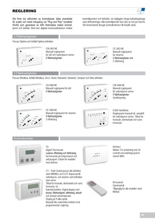 REGLERING

Det finns två utföranden av kontrollpanel, båda utvecklade                    kontrollpanelen och luftridån, så möjliggörs långa kabeldragningar
för snabb och enkel inkoppling via “Plug and Play” kontakter                  utan driftstörningar. Alla kontrollpaneler kan slås av och på externt.
(RJ45) som garanterar en felfri förbindelse mellan kontroll-                  Vid strömavbrott återgår kontrollenheten till inställt värde.
panel och luftridå. Med den digitala kommunikationen mellan


 2 Fläkthastigheter
Passar Optima och Infälld Optima luftridåer

                                   CW-2AO-NE                                                                   CE-2AO-NE
                                   Manuell reglerpanel                                                         Manuell reglerpanel
                                   för luft och vattenburen värme                                              för elvärme
                                   2 fläkthastigheter                                                          2 fläkthastigheter och
                                                                                                               2 effektsteg



 5 Fläkthastigheter
Passar Windbox, Infälld Windbox, Deco, Rund, Rotowind, Variwind, Compact och Max luftridåer

                                   CA-5AW-NE                                                                   CW-5AW-NE
                                   Manuell reglerpanel för luft                                                Manuell reglerpanel
                                   5 fläkthastigheter                                                          för vattenburen värme
                                                                                                               5 fläkthastigheter
                                                                                                               Ventilstyrning



                                   CE-5AW-NE                                                                   D-805 Hand/Auto
                                   Manuell reglerpanel för elvärme                                             Reglerpanel manuell alt. autodrift
                                   5 fläkthastigheter                                                          för vattenburen värme. Tillval för
                                   3 effektsteg                                                                frostvakt, dörrkontakt och rums-
                                                                                                               termostat.




 Kontrollpaneler

                                   TD                                                                          Interface
                                   Digital Thermostat                                                          Modul. För anslutning mot ett
                                   Justerar effektsteg och fläkthastig-                                        centralt övervakningssystem
                                   het beroende på temperaturen och                                            såsom BMS.
                                   valt program. Enbart för modeller
                                   med elvärme.


                                   CT – Total Control passar alla luftridåer
                                   utom MINIBEL och ECO. Anpassad till
                                   vattenburen- och elvärme samt luftridåer
                                   utan värme.
                                   Tillval för frostvakt, dörrkontakt och rums-                                IR Kontroll
                                   termostat, etc..                                                            Fjärrkontroll
                                   Kalenderfunktion. Digital display med                                       Tillgänglig för alla modeller utom
                                   klocka, fläkthastighet, effektsteg, aktuell                                 Minibel.
                                   och önskad rumstemperatur
                                   Display på 9 olika språk
                                   Manuell eller automatisk funktion med
                                   programmerbar reglering.


                                                                                                                                               33
 