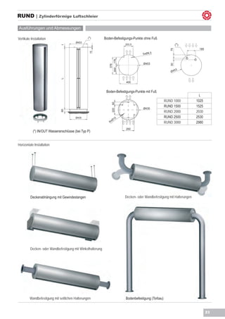 RUND | Zylinderförmige Luftschleier

Ausführungen und Abmessungen

Vertikale Installation                           (* )       Boden-Befestigungs-Punkte ohne Fuß
                                        Ø453
                                                                              203,5                               (* )




                               1
                                                                                                                              185




                                                                                                             75
                                                   15
                                                                                         5xØ8,5




                                                               200 176
                                                                                          Ø453




                                                                                                             30
                                                                  376
                                                                                                                  53
                                                                                                             Ø4
                              L




                                                                              400


                                                             Boden-Befestigungs-Punkte mit Fuß
                                                                                                                               L
                                                                                                          RUND 1000          1025


                                                                    60
                                                                                                          RUND 1500          1525
                                                                                          Ø430
                                                                    220
                                                                                                          RUND 2000          2030
                              60




                                        Ø430                              5                               RUND 2500          2530
                                                                 Ø1
                                                               6x                                         RUND 3000          2980
                                                                              260
           (*) IN/OUT Wasseranschlüsse (bei Typ P)


Horizontale Installation




         Deckenabhängung mit Gewindestangen                                   Decken- oder Wandbefestigung mit Halterungen




         Decken- oder Wandbefestigung mit Winkelhalterung




         Wandbefestigung mit seitlichen Halterungen                           Bodenbefestigung (Torbau)


                                                                                                                                    23
 