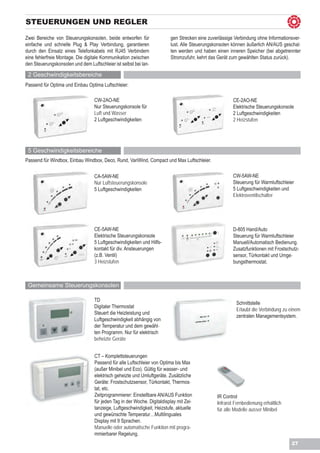 STEUERUNGEN UND REGLER

Zwei Bereiche von Steuerungskonsolen, beide entworfen für                 gen Strecken eine zuverlässige Verbindung ohne Informationsver-
einfache und schnelle Plug & Play Verbindung, garantieren                 lust. Alle Steuerungskonsolen können äußerlich AN/AUS geschal-
durch den Einsatz eines Telefonkabels mit RJ45 Verbindern                 ten werden und haben einen inneren Speicher (bei abgetrennter
eine fehlerfreie Montage. Die digitale Kommunikation zwischen             Stromzufuhr, kehrt das Gerät zum gewählten Status zurück).
den Steuerungskonsolen und dem Luftschleier ist selbst bei lan-

 2 Geschwindigkeitsbereiche
Passend für Optima und Einbau Optima Luftschleier.

                                   CW-2AO-NE                                                            CE-2AO-NE
                                   Nur Steuerungskonsole für                                            Elektrische Steuerungskonsole
                                   Luft und Wasser                                                      2 Luftgeschwindigkeiten
                                   2 Luftgeschwindigkeiten                                              2 Heizstufen




 5 Geschwindigkeitsbereiche
Passend für Windbox, Einbau Windbox, Deco, Rund, VariWind, Compact und Max Luftschleier.

                                   CA-5AW-NE                                                            CW-5AW-NE
                                   Nur Luftsteuerungskonsole                                            Steuerung für Warmluftschleier
                                   5 Luftgeschwindigkeiten                                              5 Luftgeschwindigkeiten und
                                                                                                        Elektroventilschalter




                                   CE-5AW-NE                                                            D-805 Hand/Auto
                                   Elektrische Steuerungskonsole                                        Steuerung für Warmluftschleier
                                   5 Luftgeschwindigkeiten und Hilfs-                                   Manuell/Automatisch Bedienung.
                                   kontakt für div. Ansteuerungen                                       Zusatzfunktionen mit Frostschutz-
                                   (z.B. Ventil)                                                        sensor, Türkontakt und Umge-
                                   3 Heizstufen                                                         bungsthermostat.



 Gemeinsame Steuerungskonsolen

                                   TD
                                                                                                         Schnittstelle
                                   Digitaler Thermostat
                                                                                                         Erlaubt die Verbindung zu einem
                                   Steuert die Heizleistung und
                                                                                                         zentralen Managementsystem.
                                   Luftgeschwindigkeit abhängig von
                                   der Temperatur und dem gewähl-
                                   ten Programm. Nur für elektrisch
                                   beheizte Geräte


                                   CT – Komplettsteuerungen
                                   Passend für alle Luftschleier von Optima bis Max
                                   (außer Minibel und Eco). Gültig für wasser- und
                                   elektrisch geheizte und Umluftgeräte. Zusätzliche
                                   Geräte: Frostschutzsensor, Türkontakt, Thermos-
                                   tat, etc.
                                   Zeitprogrammierer: Einstellbare AN/AUS Funktion              IR Control
                                   für jeden Tag in der Woche. Digitaldisplay mit Zei-          Infrarot Fernbedienung erhältlich
                                   tanzeige, Luftgeschwindigkeit, Heizstufe, aktuelle           für alle Modelle ausser Minibel
                                   und gewünschte Temperatur…Multilinguales
                                   Display mit 9 Sprachen.
                                   Manuelle oder automatische Funktion mit progra-
                                   mmierbarer Regelung.
                                                                                                                                     27
 