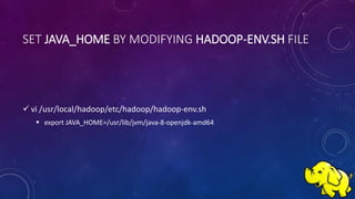 SET JAVA_HOME BY MODIFYING HADOOP-ENV.SH FILE
 vi /usr/local/hadoop/etc/hadoop/hadoop-env.sh
 export JAVA_HOME=/usr/lib/jvm/java-8-openjdk-amd64
 
