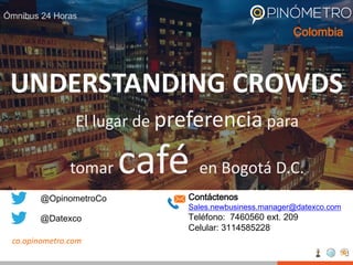 Ómnibus 24 Horas
UNDERSTANDING CROWDS
Colombia
@OpinometroCo
@Datexco
co.opinometro.com
Contáctenos
Sales.newbusiness.manager@datexco.com
Teléfono: 7460560 ext. 209
Celular: 3114585228
El lugar de preferencia para
tomar café en Bogotá D.C.
 