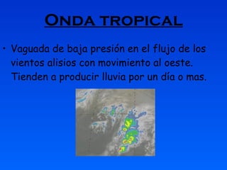 Onda tropical Vaguada de baja presión en el flujo de los vientos alisios con movimiento al oeste. Tienden a producir lluvia por un día o mas. 