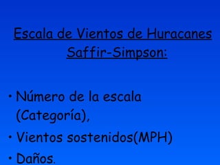 Escala de Vientos de Huracanes Saffir-Simpson: Número de la escala (Categoría),  Vientos sostenidos(MPH)  Daños . 