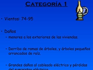 Categoría 1 Vientos: 74-95 Daños menores a los exteriores de las viviendas.  Derribo de ramas de árboles, y árboles pequeños arrancados de raíz. Grandes daños al cableado eléctrico y pérdidas del suministro eléctrico.  