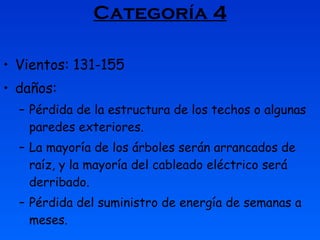 Categoría 4 Vientos: 131-155  daños:  Pérdida de la estructura de los techos o algunas paredes exteriores.  La mayoría de los árboles serán arrancados de raíz, y la mayoría del cableado eléctrico será derribado.  Pérdida del suministro de energía de semanas a meses.  