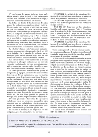 LUGARES   DE   TRABAJO


   1º Los locales de trabajo deberían tener sufi-              - UNE EN 294. Seguridad de las máquinas. Dis-
ciente espacio para permitir a los trabajadores             tancias de seguridad para impedir que se alcancen
acceder con facilidad a los puestos de trabajo y            zonas peligrosas con los miembros superiores.
moverse fácilmente dentro de los mismos.                       - UNE EN 349. Seguridad de las máquinas. Dis-
   En la fase de diseño de los locales se deberían          tancias para evitar el aplastamiento de partes del
prever las instalaciones, equipos, útiles y materia-        cuerpo humano.
les necesarios para ejecutar la actividad, de mane-            - UNE EN 547. Seguridad de las máquinas.
ra que, en función de estos parámetros y del                Medidas del cuerpo humano. Parte 1: Principios
número de trabajadores que tengan que desarro-              para determinación de las dimensiones requeridas
llarla, se cumplan las dimensiones mínimas esta-            para el paso de todo el cuerpo en las máquinas.
blecidas en los apartados a, b y c. Para el cálculo         Parte 2: Principios para la determinación de las
de la superficie y volumen no se tendrán en cuen-           dimensiones requeridas para las aberturas de acce-
ta los espacios ocupados por máquinas, aparatos,            so. Parte 3: Datos antropométricos.
instalaciones y materiales. Este cálculo da lugar a            - UNE EN 811. Seguridad de las máquinas. Dis-
la estimación de la superficie libre y el volumen           tancias de seguridad para impedir que se alcancen
vacío con respecto al número de trabajadores.               zonas peligrosas con los miembros superiores.
   La relación volumen vacío/número de trabajado-
                                                               Como norma general, se debería efectuar un dise-
res que normalmente están presentes ha de ser ≥10
                                                            ño ergonómico del puesto de trabajo, de modo que el
m3/trabajador. En el cálculo del volumen vacío,
                                                            trabajador tenga un acceso fácil y cómodo a las dife-
cualquier parte del recinto que tenga más de tres
                                                            rentes partes de máquinas y equipos.
metros de altura ha de considerarse de 3 metros.                3º El acceso de trabajadores autorizados a zonas
   Las dimensiones correspondientes a locales               peligrosas de los lugares de trabajo, donde su segu-
destinados a albergar instalaciones de servicio             ridad pueda verse afectada por distintos riesgos,
vendrán condicionadas por sus normativas espe-              exigirá una evaluación previa de dichos riesgos y
cíficas, como por ejemplo, salas de calderas, cen-          la adopción de las medidas de control precisas
tros de transformación de energía eléctrica, etc.           para protegerlos. Un ejemplo típico de trabajo en
   2º Dado que la mala distribución en planta de            zona peligrosa que genera multitud de accidentes
maquinaria y equipos, así como los movimientos              graves y mortales es el realizado en espacios confi-
innecesarios de los trabajadores, son, en muchas            nados (galerías de servicios, fosos, túneles, alcanta-
ocasiones, causa de accidentes, una forma de mejo-          rillas, sótanos y desvanes, silos, etc.). Estos trabajos
rar las condiciones de seguridad y de salud de los          requerirán una evaluación específica de los riesgos
trabajadores es distribuir adecuadamente las                presentes en el acceso, permanencia y salida de
máquinas y equipos dentro del espacio disponible            dichos espacios. Cuando los resultados de la eva-
en el local. Para evitar el entrecruzamiento entre          luación lo hagan necesario, las medidas preventi-
materiales y personas se debería seguir el ordena-          vas y de protección que se deben adoptar se debe-
miento de las actividades siguiendo el proceso pro-         rán recoger en un procedimiento de trabajo, en el
ductivo, así como disponer las herramientas, mate-          que conste el trabajo que hay que realizar, quién o
riales, etc., lo más cerca posible del puesto de            quiénes deben realizarlo, cuáles son las medidas de
trabajo para evitar desplazamientos innecesarios.           prevención y protección a adoptar en cada etapa
   Deberán guardarse distancias de separación               del trabajo y qué registros hay que cumplimentar
suficientes entre los elementos materiales, para            para evidenciar que se han cumplido dichas medi-
permitir que los trabajadores efectúen cómoda-              das. En estas zonas es importante adoptar las
mente su trabajo y no se vean expuestos a peli-             medidas necesarias para impedir que los trabaja-
gros, tales como atrapamientos, golpes, etc.                dores no autorizados puedan acceder a ellas.
   En cuanto a distancias de seguridad de las                  4º Dichas zonas se señalizarán de acuerdo con
máquinas, pueden consultarse las normas:                    R.D. 485/1997 del 14 de abril.


                                        ANEXO I-A continuación

  3. SUELOS, ABERTURAS Y DESNIVELES, Y BARANDILLAS

    1º Los suelos de los locales de trabajo deberán ser fijos, estables y no resbaladizos, sin irregulari-
  dades ni pendientes peligrosas.


                                                       13
 