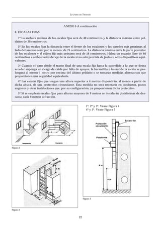 LUGARES   DE   TRABAJO




                                        ANEXO I-A continuación

  8. ESCALAS FIJAS

    1º La anchura mínima de las escalas fijas será de 40 centímetros y la distancia máxima entre pel-
  daños de 30 centímetros.
    2º En las escalas fijas la distancia entre el frente de los escalones y las paredes más próximas al
  lado del ascenso será, por lo menos, de 75 centímetros. La distancia mínima entre la parte posterior
  de los escalones y el objeto fijo más próximo será de 16 centímetros. Habrá un espacio libre de 40
  centímetros a ambos lados del eje de la escala si no está provista de jaulas u otros dispositivos equi-
  valentes.
    3º Cuando el paso desde el tramo final de una escala fija hasta la superficie a la que se desea
  acceder suponga un riesgo de caída por falta de apoyos, la barandilla o lateral de la escala se pro-
  longará al menos 1 metro por encima del último peldaño o se tomarán medidas alternativas que
  proporcionen una seguridad equivalente.
    4º Las escalas fijas que tengan una altura superior a 4 metros dispondrán, al menos a partir de
  dicha altura, de una protección circundante. Esta medida no será necesaria en conductos, pozos
  angostos y otras instalaciones que, por su configuración, ya proporcionen dicha protección.
    5º Si se emplean escalas fijas para alturas mayores de 9 metros se instalarán plataformas de des-
  canso cada 9 metros o fracción.


                                                               1º, 2º y 3º. Véase Figura 4
                                                               4º y 5º. Véase Figura 5




Figura 3




                                                            Figura 5



Figura 4


                                                       22
 