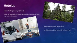 Hoteles 
Montaña Mágica Lodge (Chile) 
Todas sus habitaciones están revestidas en madera y ofrecen 
impresionantes vistas. 
Hotel Arlanda-Jumbo Stay (Suecia) 
un alojamiento único dentro de un jumbo jet 
 