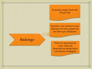 Se puede cargar hasta 4,8
                     GB por día




              Permite a los usuarios crear
              álbumes de fotos aparte de

          
                las fotos que almacena


Badongo
                 Tiene la capacidad de
                    crear vistas de
                diapositivas desde fotos
                 con efectos múltiples
 