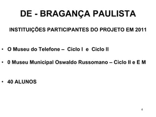 DE - BRAGANÇA PAULISTA INSTITUIÇÕES PARTICIPANTES DO PROJETO EM 2011 O Museu do Telefone –  Ciclo I  e  Ciclo II  0 Museu Municipal Oswaldo Russomano – Ciclo II e E M  40 ALUNOS 