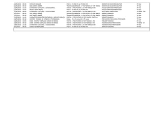 20/6/2013 09:30 SITIO DA RESSACA VISITA - 1º ANO EF ao 3º ANO EM MORATO DE OLIVEIRA DOUTOR 5º Ano
21/6/2013 09:30 SESC SANTO ANDRÉ TRILHAS DO BRINCAR - 1ª Á 8ª SÉRIES (1º Á 9º ANOS) MORATO DE OLIVEIRA DOUTOR 3º Ano
12/6/2013 13:30 CATAVENTO CULTURAL E EDUCACIONAL VISITAS - 1ª Á 8ª SÉRIES - (1º Á 9º ANOS) E EM PAULO KOBAYASHI PROFESSOR 3º Ano
12/6/2013 14:45 MUSEU AFRO-BRASIL VISITA - 1º ANO EF ao 3º ANO EM PAULO KOBAYASHI PROFESSOR 5º Ano
21/6/2013 09:00 CATAVENTO CULTURAL E EDUCACIONAL VISITAS - 1ª Á 8ª SÉRIES - (1º Á 9º ANOS) E EM RAUL BRASIL PROFESSOR 1ª SÉRIE - EM
4/6/2013 09:30 SESC SANTO ANDRÉ TRILHAS DO BRINCAR - 1ª Á 8ª SÉRIES (1º Á 9º ANOS) ROBERTO BIANCHI 1º Ano
5/6/2013 09:30 SESC SANTO ANDRÉ TRILHAS DO BRINCAR - 1ª Á 8ª SÉRIES (1º Á 9º ANOS) ROBERTO BIANCHI 3º Ano
11/6/2013 14:30 PARQUE ESTADUAL DA CANTAREIRA - NÚCLEO CABUÇU VISITAS - 1ª Á 8ª SÉRIES (1º Á 9º ANOS), EM E EJA ROBERTO BIANCHI 1º Ano
13/6/2013 09:30 CIENTEC - PARQUE DE CIÊNCIAS E TECNOLOGIA Visitas - 5ª e 6ª séries (6º e 7º anos) TOCHICHICO YOCHICAVA PROFESSOR 7º Ano
12/6/2013 10:00 CCBB - CENTRO CULTURAL BANCO DO BRASIL VISITAS - 1ª Á 8ª SÉRIES (1º Á 9º ANOS) E EM TOKUZO TERAZAKI 6º Ano
19/6/2013 09:30 CCBB - CENTRO CULTURAL BANCO DO BRASIL VISITAS - 1ª Á 8ª SÉRIES (1º Á 9º ANOS) E EM YOLANDA BASSI PROFESSORA 7ª SÉRIE - EF
19/6/2013 13:30 CATAVENTO CULTURAL E EDUCACIONAL VISITAS - 1ª Á 8ª SÉRIES - (1º Á 9º ANOS) E EM YOLANDA BASSI PROFESSORA 5º Ano
6/6/2013 09:30 CAPELA DO MORUMBI VISITA - 1º ANO EF ao 3º ANO EM ZEIKICHI FUKUOKA 5º Ano
 