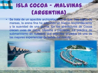 Isla Cocoa – Malvinas
(Argentina)
• Se trata de un apacible archipiélago en el que, tras siglos de
mareas, la arena fina ha adquirido un blanco resplandeciente
y la suavidad de una pluma. En los alrededores de Cocoa
crecen uvas de playa, hibiscos y palmeras. La práctica de
submarinismo en nuestros dos arrecifes privados es una de
las mejores experiencias de buceo del mundo.

 