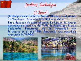 Jardines Jiuzhaigou
(China)

jiuzhaigou es el Valle de Nueve Aldeas, en el cantón
de Nanping, en la provincia de Sichuan, China.
Las aldeas son de etnia tibetana. La Región de interés
panorámico e histórico del Valle de Jiuzhaigou fueron
declaradas Patrimonio de la Humanidad por
la Unesco en el año 1992. Abarcando una superficie
protegida de 72.000.

 