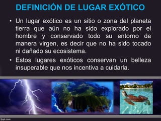 DEFINICIÓN DE LUGAR EXÓTICO
• Un lugar exótico es un sitio o zona del planeta
tierra que aún no ha sido explorado por el
hombre y conservado todo su entorno de
manera virgen, es decir que no ha sido tocado
ni dañado su ecosistema.
• Estos lugares exóticos conservan un belleza
insuperable que nos incentiva a cuidarla.
 