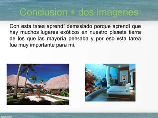Conclusion + dos imagenes
Con esta tarea aprendí demasiado porque aprendí que
hay muchos lugares exóticos en nuestro planeta tierra
de los que las mayoría pensaba y por eso esta tarea
fue muy importante para mi.

 