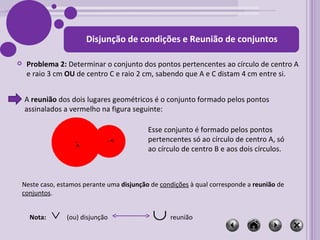 Problema 2:  Determinar o conjunto dos pontos pertencentes ao círculo de centro A e raio 3 cm  OU  de centro C e raio 2 cm, sabendo que A e C distam 4 cm entre si. A  reunião  dos dois lugares geométricos é o conjunto formado pelos pontos assinalados a vermelho na figura seguinte: Neste caso, estamos perante uma  disjunção  de  condições  à qual corresponde a  reunião  de  conjuntos . Esse conjunto é formado pelos pontos pertencentes só ao círculo de centro A, só ao círculo de centro B e aos dois círculos. Nota:  (ou) disjunção   reunião  