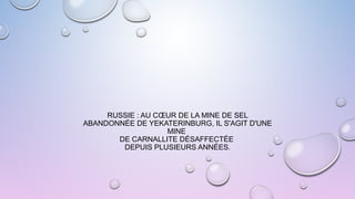 RUSSIE : AU CŒUR DE LA MINE DE SEL
ABANDONNÉE DE YEKATERINBURG, IL S'AGIT D'UNE
MINE
DE CARNALLITE DÉSAFFECTÉE
DEPUIS PLUSIEURS ANNÉES.
 